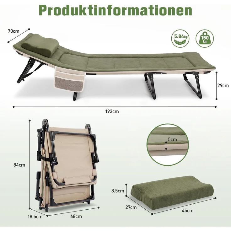 Sekey Feldbett Verstellbar Campingbett Klappbar Gästebett mit Matratze und Kissen, 193 x 70 x 29 cm, Grün – Bild 7