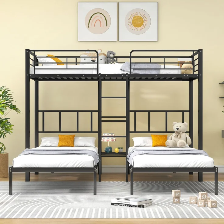 Merax Etagenbett Dreierbett Kinderbett Metallbett mit Leiter 90x200cm*3, schwarz – Bild 2