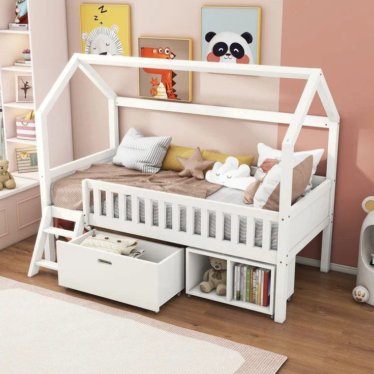 Merax Hausbett Kinderbett Jugendbett 200x90 Mit Schubladen und Ablagefächern Geeignet für Jungen und Mädchen Mit Anti-Drop-Geländer, Weiß (Ohne Matratze) – Bild 3