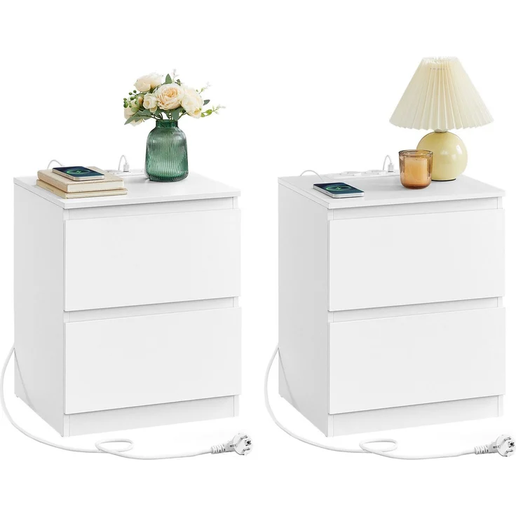 VASAGLE Nachttisch mit Steckdosenleiste und Schubladen, 2er Set, MDF Wolkenweiß, 35 x 40 x 49 cm – Bild 1