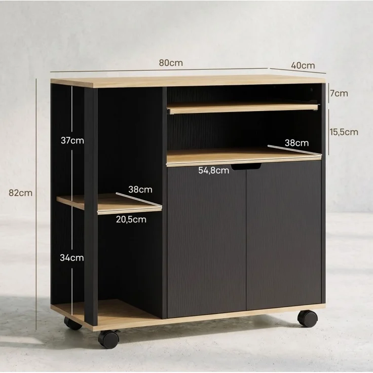 Küchenwagen mit Arbeitsplatte, Stauraum und Rollen, 80x40x82 cm, Schwarz – Bild 2