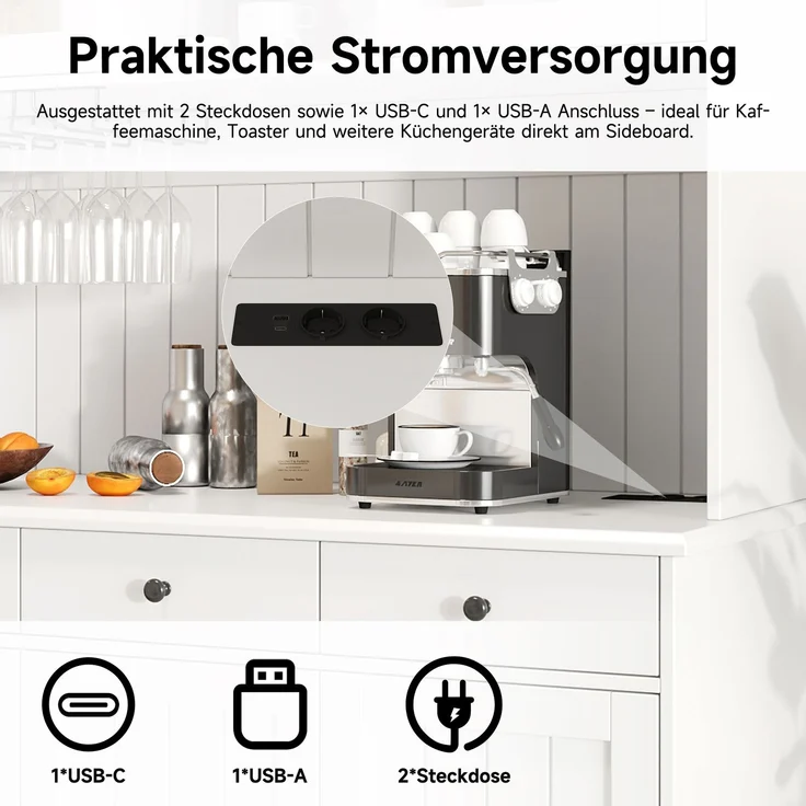 Buffetschränke, Esszimmer-Hochschrank 120×40×191 cm, mit Glastüren, Gläserhalter, mehrstufigem Stauraum, integrierter Steckdose sowie USB-C- und USB-A-Anschlüssen, Weiße und schwarze Griffe – Bild 6