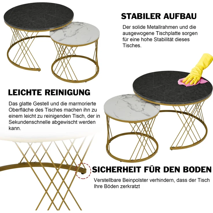 Nesting Couchtisch Set marmoroptik, 2-teilig, 70/45x70/45 cm, grau+gold – Bild 5
