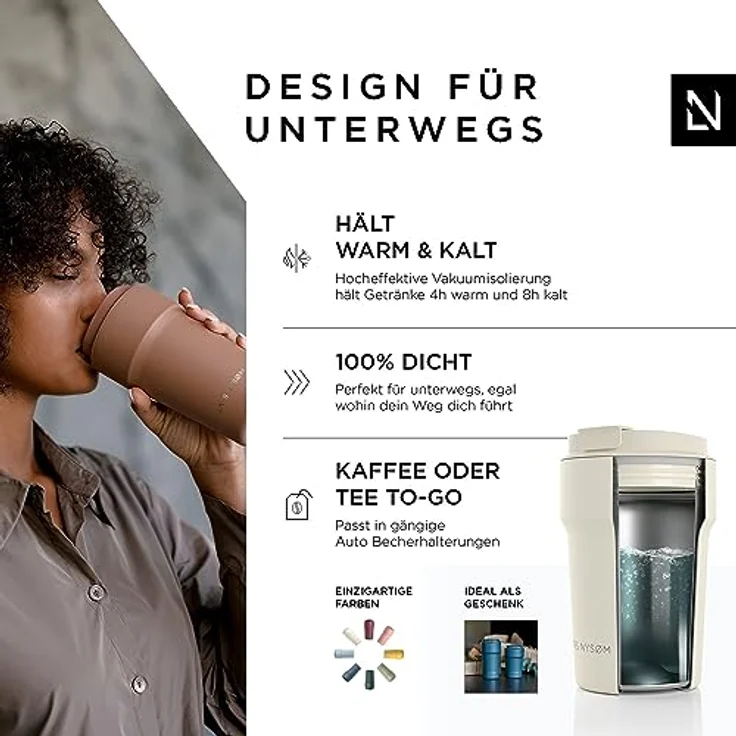 LARS NYSØM Thermo Kaffeebecher to go 380ml | Travel Mug 0,38 Liter mit Isolierung in Almond Beige – Bild 2