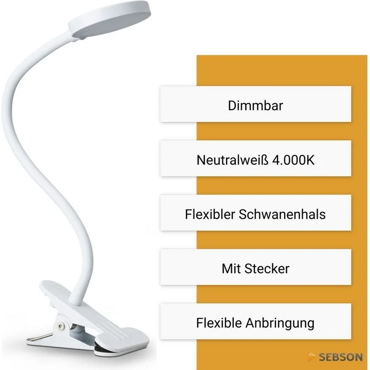 SEBSON LED Steckdosenleuchte LED Klemmlampe Bett 4W - Stecker, dimmbar, neutralweiß, Tischlampe, LED integriert, neutralweiß, Neutralweiß 4000K, 300lm, 4W, Dimmbar in 3 Stufen, inkl. Netzteil – Bild 1