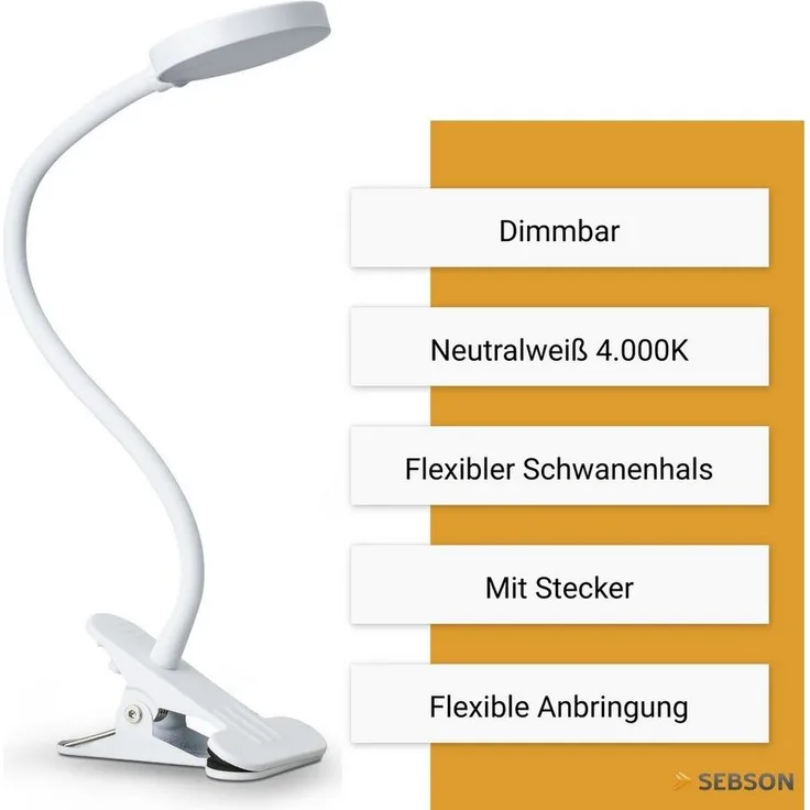 SEBSON LED Steckdosenleuchte LED Klemmlampe Bett 4W - Stecker, dimmbar, neutralweiß, Tischlampe, LED integriert, neutralweiß, Neutralweiß 4000K, 300lm, 4W, Dimmbar in 3 Stufen, inkl. Netzteil