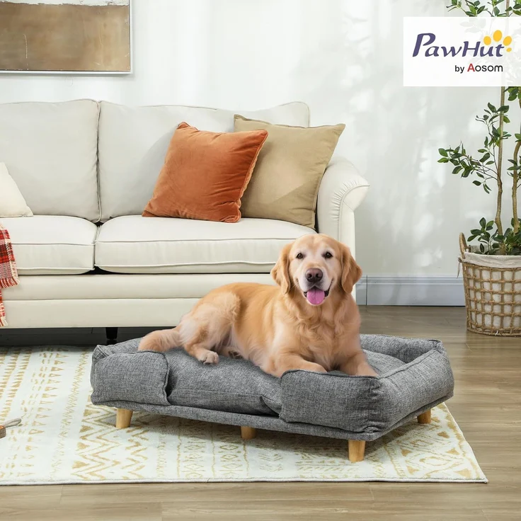 PawHut Tierbett für große Hunde unter 30 kg, Holzbeine, Polyester, mit abnehmbarem Sitzkissen, Dunkelgrau – Bild 2