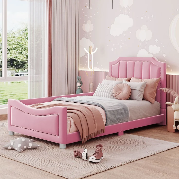 Kinder Polsterbett mit Bogendesign, Flanellbezug, dekorativen Nieten, weichem Rahmen, vielseitig nutzbar als Schlafsofa – Bild 1