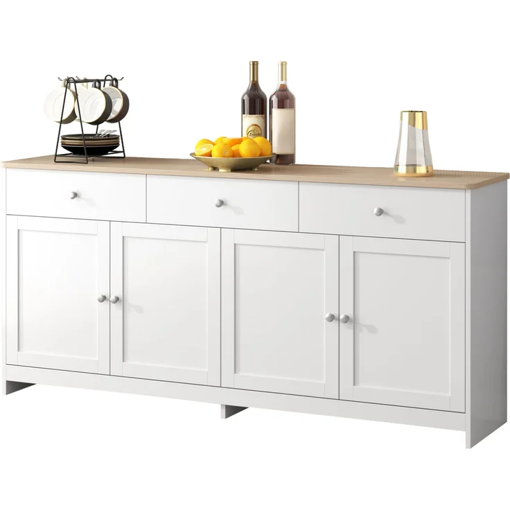 DESVIAE Sideboard mit 3 Schubladen und 4 Türen 160x75x37 cm MDF Weiß/Holzfarbe – Bild 7