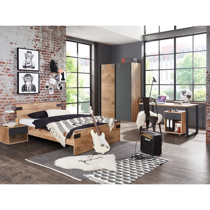 Jugendzimmer Set mit Bett 140cm Nachtkonsole Schwebetüren Kleiderschrank EVERTON-43 mit Schreibtisch