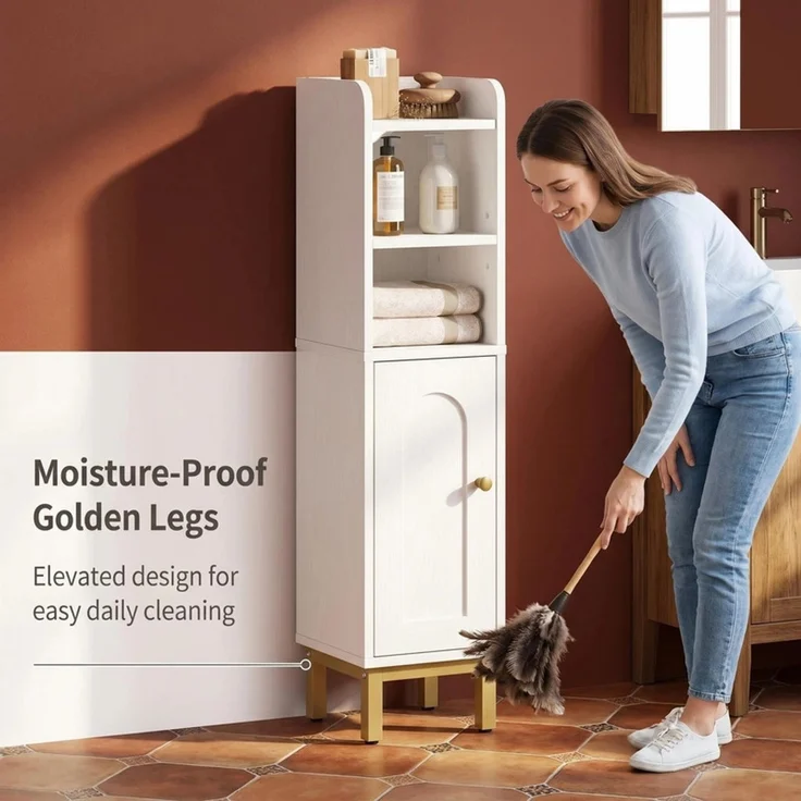Halupeit Schmaler seitlicher Aufbewahrungsschrank für die Toilette, kleiner Badezimmerschrank, verstellbare Regalböden, platzsparender Bodenschrank, speziell für kleine Wohnungen entwickelt, einfach zu montieren, 20.5 x 20.5 x 83.5 cm, weiß und gold – Bild 2