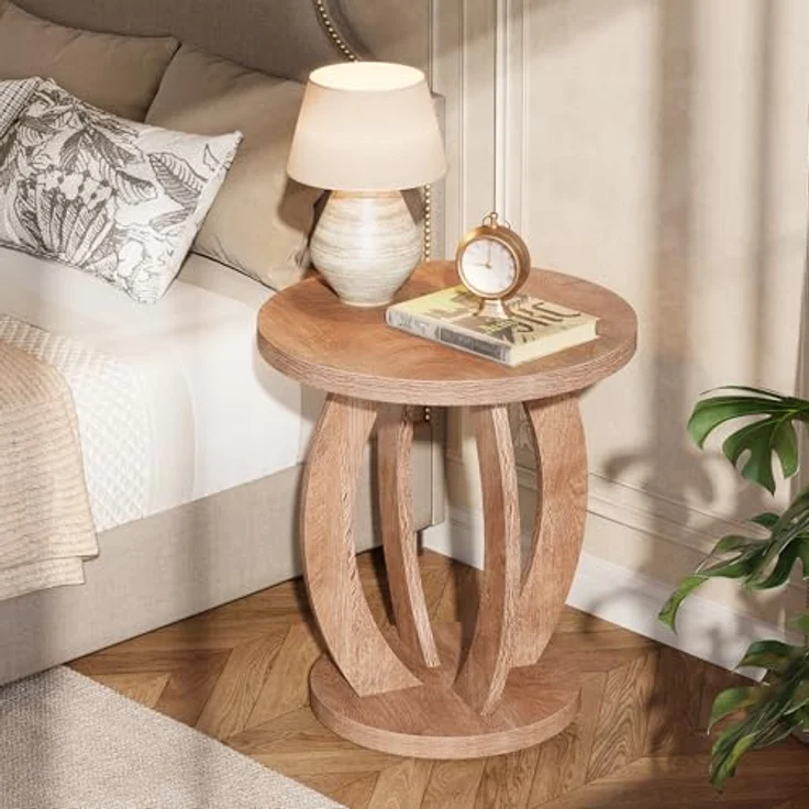 LITTLE TREE Beistelltisch Rund Holz, Couchtisch Vintage Pastoralstil, 50 cm Runder Beistelltisch mit Stauraum, Nachttisch Kleiner Tisch Sofatisch für Wohnzimmer Schlafzimmer Balkon, Braun – Bild 7
