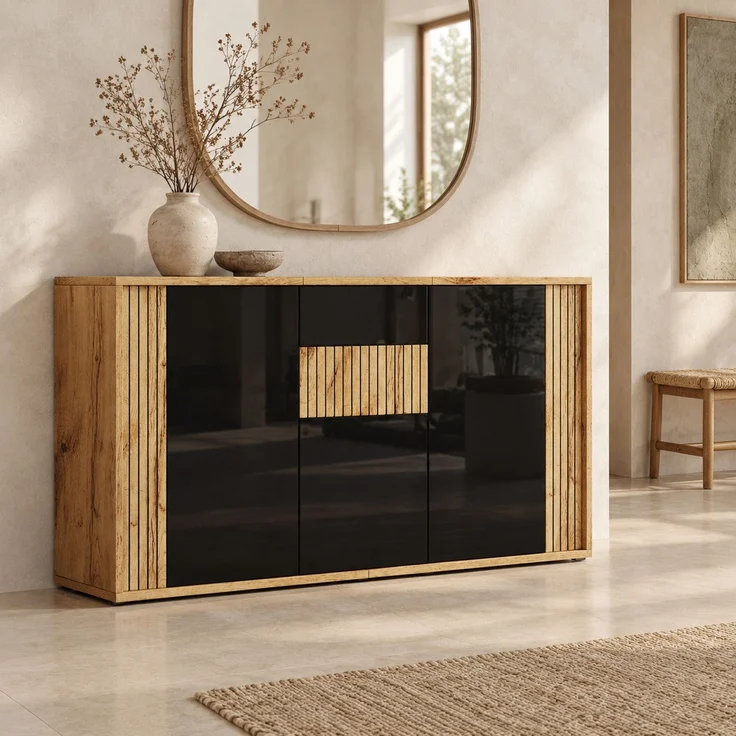 DESVIAE Sideboard Schwarz-Holzton aus MDF/Spanplatte – 140x71x35 cm – 3 Türen, 6 Fächer – Bild 2