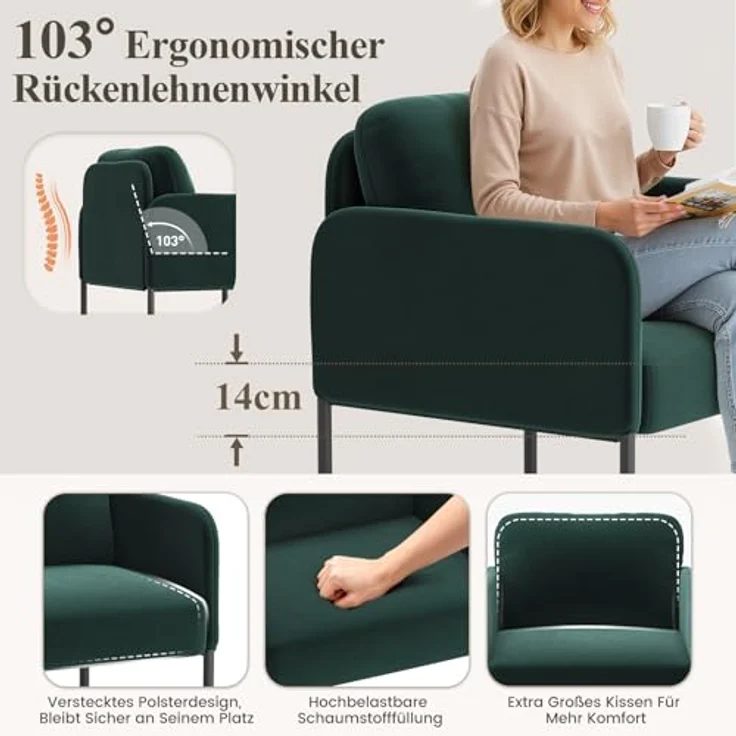 COLAMY Gepolsterter Ohrensessel 2er Set aus Samt – Moderner Lounge-Sessel mit weicher Rückenlehne, Komfortabler Sessel für Wohnzimmer, Schlafzimmer, Apartment & Leseecke, Grün – Bild 5