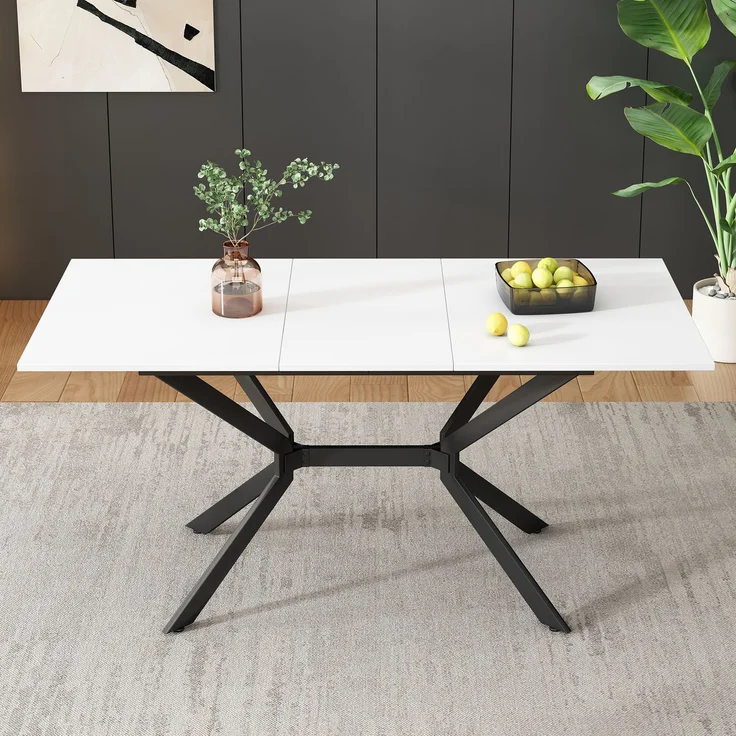 Esstisch weiß mit Teleskopfunktion, verstellbarer Ausziehtisch für 4–6 Personen aus MDF mit schwarzem Metallgestell – Bild 4
