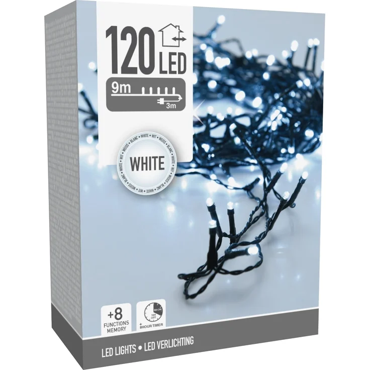 LED-Lichterkette kaltweiß, 120 LEDs, Innen/Außen, 12m