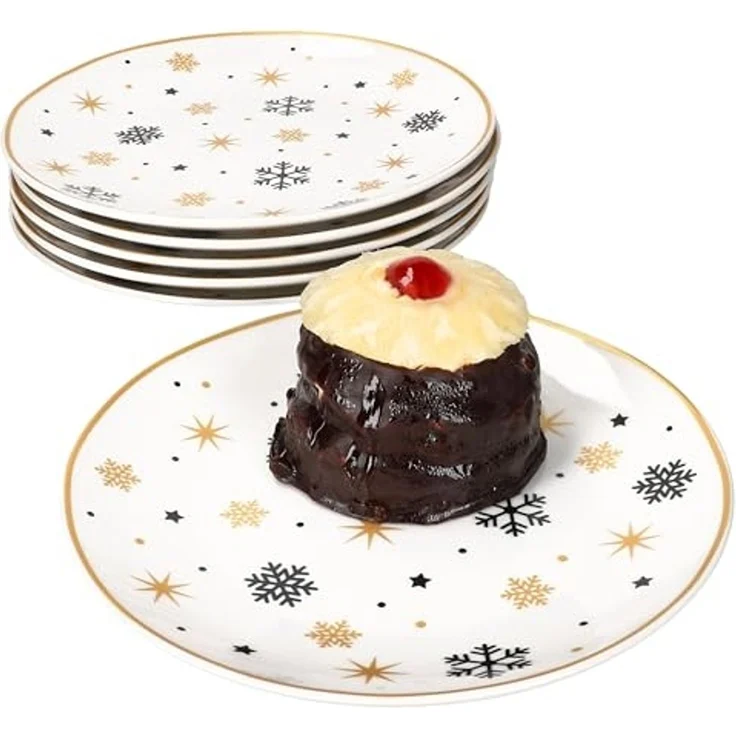 MamboCat Frühstücksteller 6x Stars schwarz & gold Kuchenteller Steingut 6 Pers. Dessertteller, Weihnachtsgeschirr, Weihnachten, Weihnachtsset, Geschirr – Bild 2