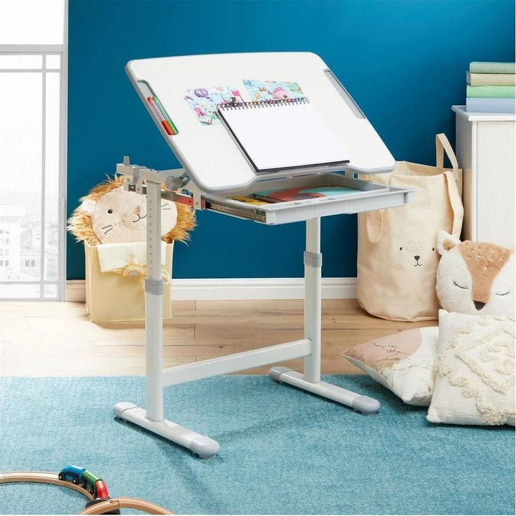 CARO-Möbel Kinderschreibtisch VITA, Kinderzimmer Schreibtisch neigbar Schublade & Rucksackhalterung grau – Bild 3