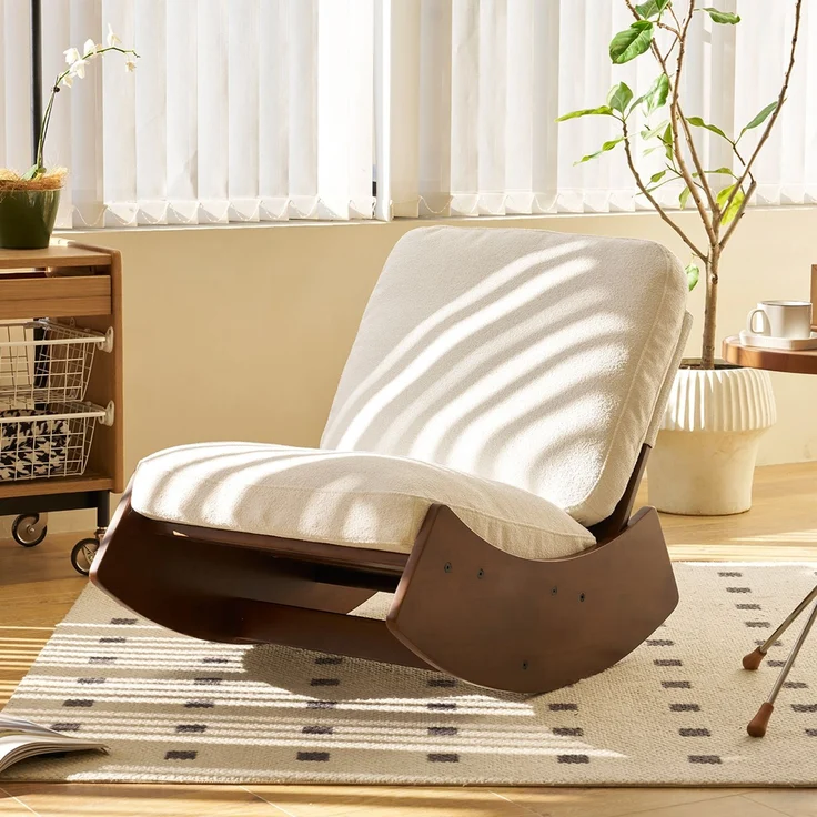 LVHOM Schaukelstuhl mit Massivholz-Gestell, ergonomischer Relaxsessel für Wohnzimmer, Schlafzimmer & Arbeitszimmer, Skandinavisches Design, Chenille, Weiß – Bild 1