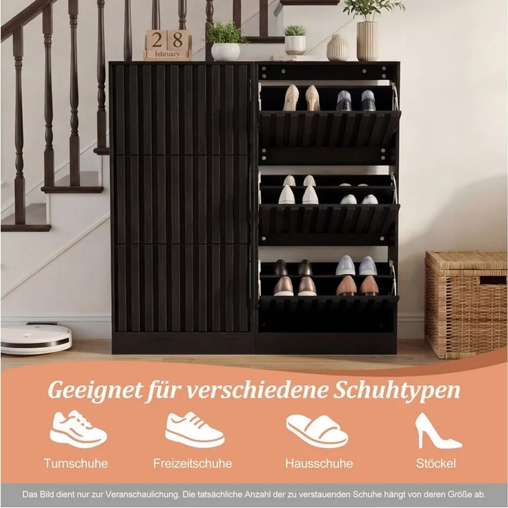 UEV Schuhschrank schmal mit 3 Klappen Holz, moderner Flurschrank Schuhregal 60x24x122cm (Schuhkommode) Schuhkipper mit verstellbaren Trennwänden für Verschiedene Schuhtypen – Bild 4