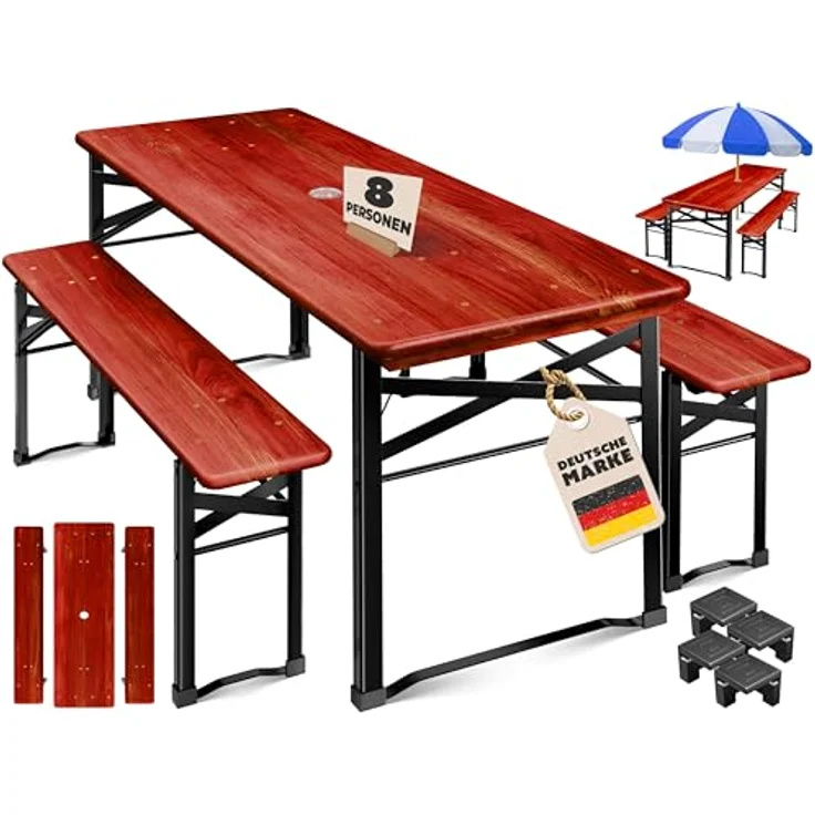 KESSER® Bierzeltgarnitur 3 teilig Gartenmöbel-Set | Klappbar 170 x 46 x 75 cm | 2X Bierbänke 1x Biertisch | Festzeltgarnitur Biertisch Stehtisch Sitzgarnitur Holz 12x Bodenschoner – Bild 2