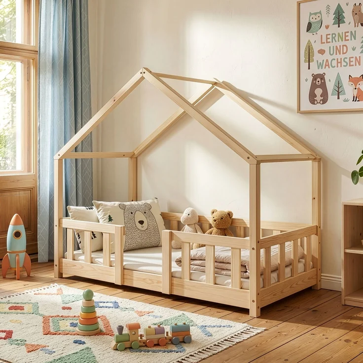 en.casa Hausbett aus Kiefernholz mit Rausfallschutz und Lattenrost 70x140 cm, natur – Bild 1