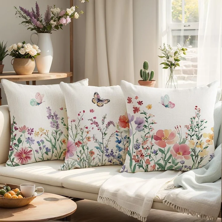 Kissenbezüge 45×45 cm 4er-Set Blumen & Schmetterling, Frühling/Sommer Farmhouse Sofa – Bild 3