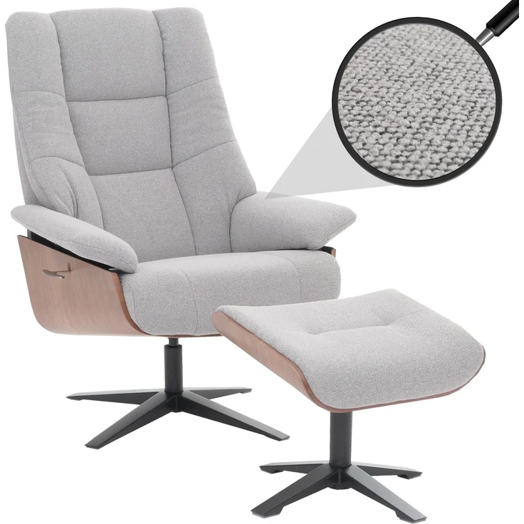 MCA Relaxsessel + Hocker HWC-N57, Fernsehsessel Liegesessel, Bouclé Stoff Holz ~ grau – Bild 1