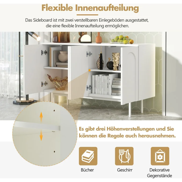 Sideboard Weiß mit gewölbten Türen, Stauraum & verstellbaren Regalen, modernes Anrichte-Design für Wohnzimmer/Esszimmer/Flur – Bild 5