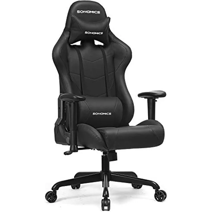 Songmics Gaming Stuhl, Bürostuhl, bis 150 kg belastbar, Schreibtischstuhl mit Lendenkissen, hoher Rückenlehne, breiter Sitzfläche, höhenverstellbar, ergonomisch, Kunstleder, schwarz RCG42BK