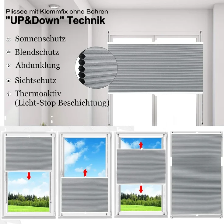WOLTU Wabenplissee ohne Bohren Verdunklung Thermo Doppelplissee Klemmfix Zweifarbig 60x120 cm Grau-Weiß, Plissee Faltrollo Sonnen-, Sicht- & Schallschutz, Jalousie Plisseerollo für Fenster & Tür – Bild 6
