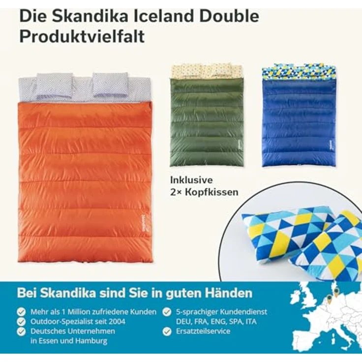 Skandika Doppelschlafsack, 3-Jahreszeiten, extra breit, 2 Kissen, Packsack, Camping Inn-/Outdoor – Bild 8
