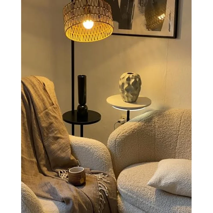 LuminexDesigns Stehlampe Wohnzimmer Vintage Rattan - Stehleuchte Schwarz Retro E27 mit Ablage Höhenverstellbar 176CM Boho Standleuchte mit 2M Kabel Fußschalter Beige Standlampe für Schlafzimmer – Bild 7