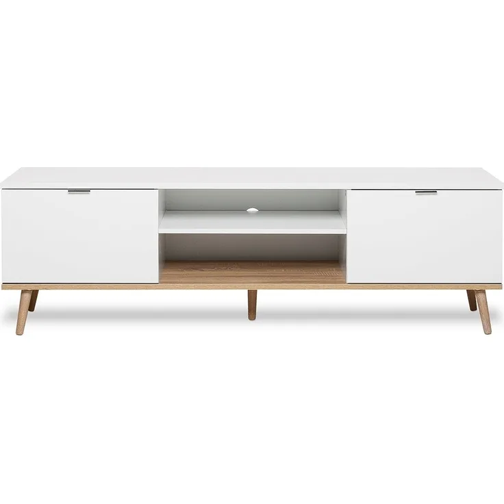 Finori Göteborg 55 TV-Board, weiß / Dekor Sonoma Eiche | TV-Board für Wohnzimmer | Maß: B x H x T ca. 160 x 50 x 40 cm | TV-Board mit 2 Türen und 2 offene Fächer mit Kabeldurchlass