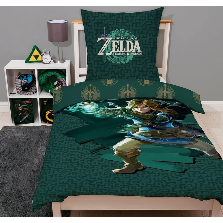 Zelda Bettwäsche Set 135x200 80x80 aus 100% Baumwolle mit Reißverschluss grünes Motiv Tears of the Kingdom