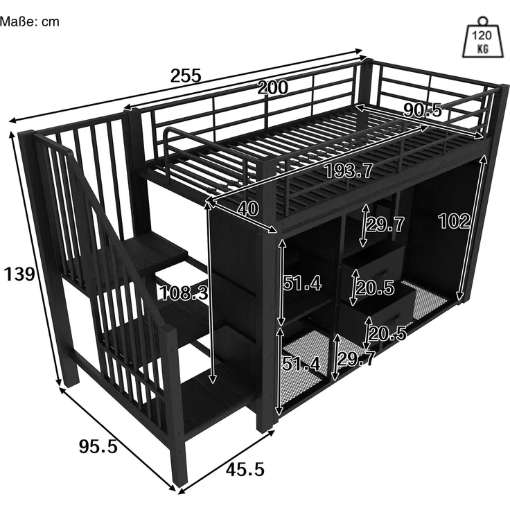 Hochbett mit Kleiderschrank, LED-Streifen, Lattenrost, Treppe und Rausfallschutz, 90x200cm, Kinderbett, Metallbett – Bild 5