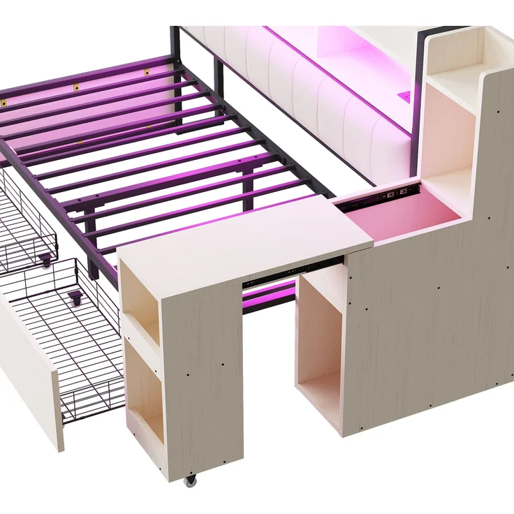 Bett 90x200 cm mit Stauraum und ausklappbarem Schreibtisch – Weiß, Metall & Holz – Bild 10