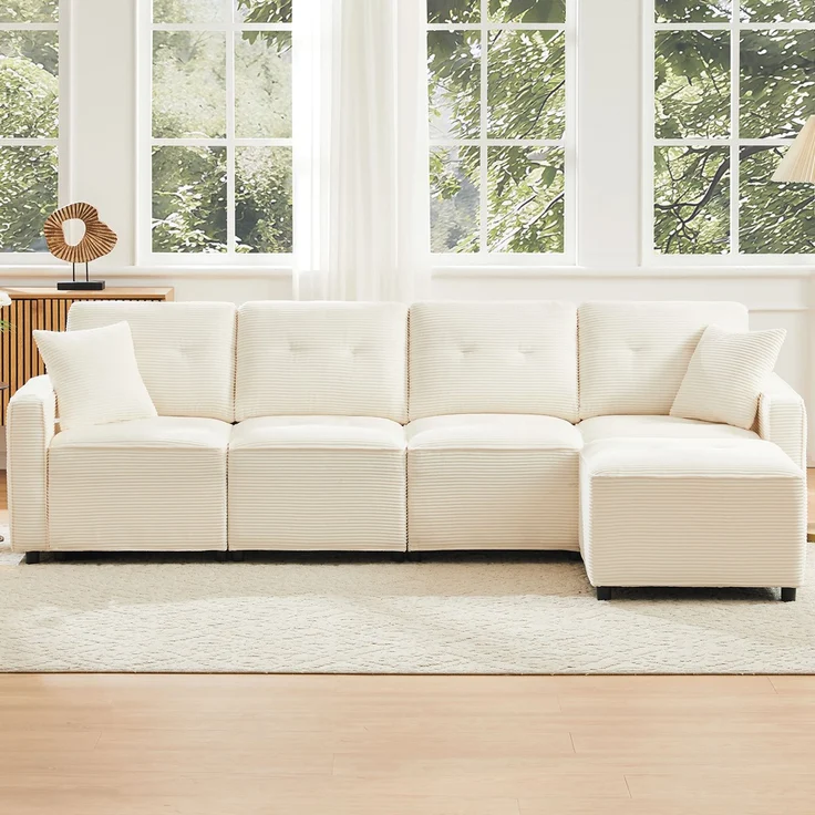 4-Sitzer Wohnlandschaft B 280 x T 146 x H 85 cm aus Cord mit Stauraum und flexiblem Hocker – Bild 2