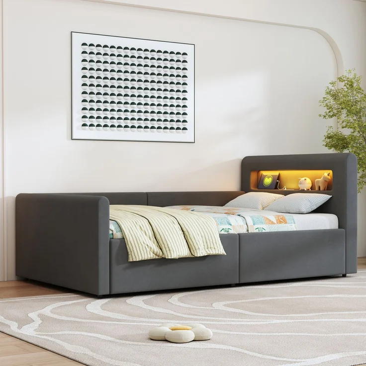 Polsterbett Kinderbett 90*200 cm, Mit LED-Licht, Mit Nachtlicht und USB-Ladeanschluss, Mit Regal, Mit Hydraulischem Stauraum, Einfaches Einzelbett, Jungen- und Mädchenbetten, Samtstoff, Dunkelgrau – Bild 5