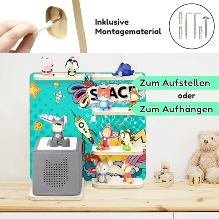 stadtecken Holzregal für Musikbox – Passend für Toniebox & ca. 40 Tonies | Perfekte Aufbewahrung fürs Kinderzimmer | Zum Aufhängen | Erweiterbar (Weltall) – Bild 8