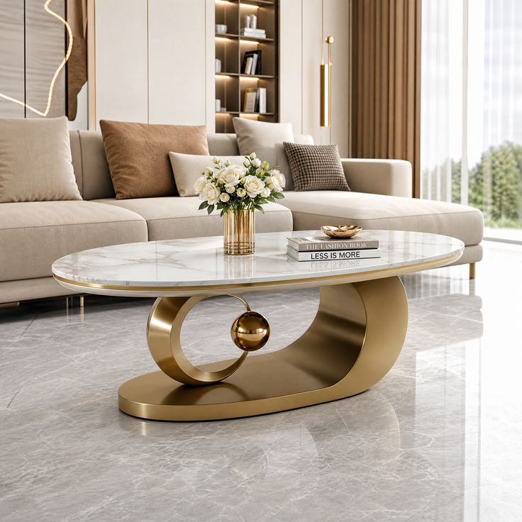 EINHOM Luxuriöser Ovaler Couchtisch mit Weißer Marmoroptik-Tischplatte, Moderner Sofatisch für Wohnzimmer mit Goldenem Edelstahlgestell und Eleganter Glasoberfläche, Stilvoller Kaffeetisch für Wohnräume – Bild 3