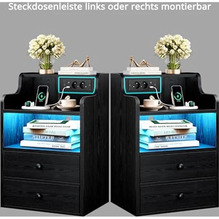 IRONCK LED Nachttisch mit Steckdose, Beistelltisch Holz mit Ladefunktion, Nachtschrank mit 2 AC, 1 USB& 1 Type-C Anschlüsse, Sofatisch mit 2 Schubladen für Wohnzimmer,Schlafzimmer, 45 x 30 x 70 cm Schwarz – Bild 10