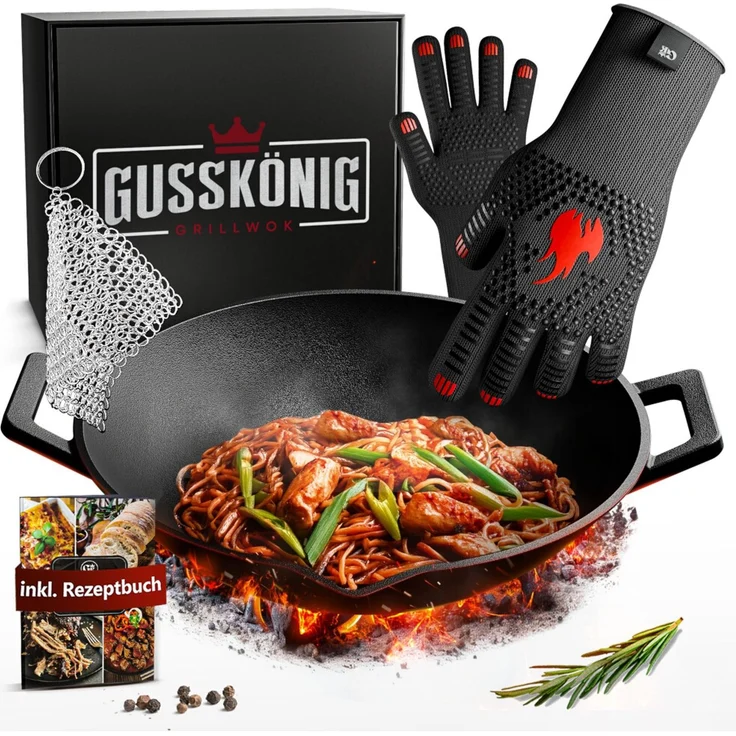 Gusseisen-Wok 35 cm massiv mit Ringreiniger 4 kg für Grill Herd & Feuerstelle robust & langlebig – Bild 1