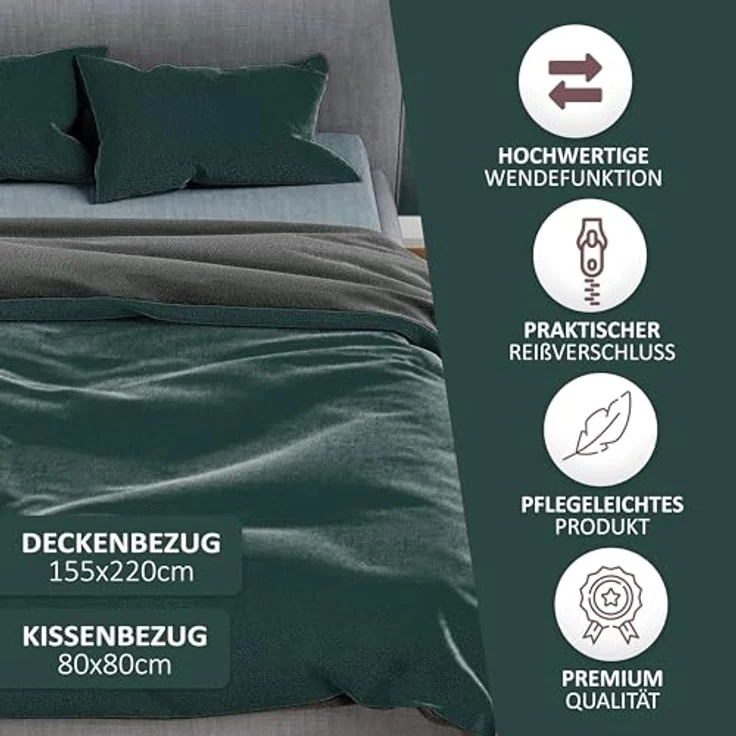 Moderne Plüschbettwäsche mit Reißverschluss - einfarbig, wendbar & warmhaltend Grün 155x220cm + 80x80cm Kissenbezug – Bild 3