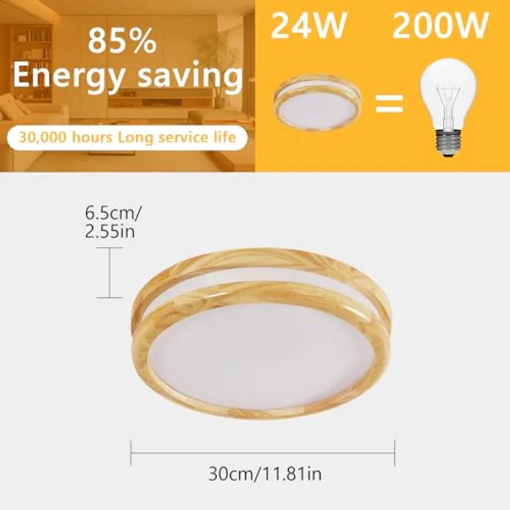 Goceo Moderne LED Deckenleuchte 24W, 30CM Runde Natürliche Holz Deckenleuchte, Deckenlampe für Schlafzimmer Küche Flur Eingang, 3000K Warmes Licht – Bild 5