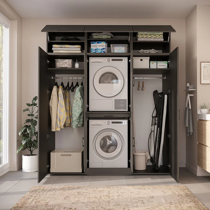 Roomart Waschmaschinenschrank - DORA-I- 190 cm breit - Wasch- & Trocknerschrank mit 2 Hochschränken, Türen & Ausziehbrett, Waschmaschinen-Überbau für Waschküche & Hauswirtschaftsraum • Schwarz-Eiche – Bild 5