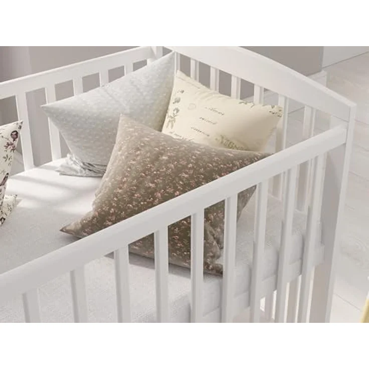 Weiß Babybett Gitterbett mit Schublade 120x60 + Schaumstoffmatratze + Sicherheitsgitter aus Holz + Schutzhülle – Bild 7