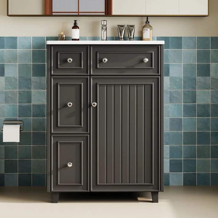 Waschtischunterschrank 61 x 47 x 87 cm mit Keramikbecken, Schubladen und Tür, Schwarz – Bild 4