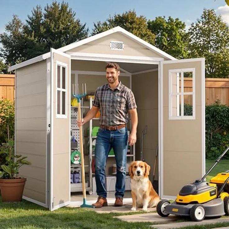 DWVO Gerätehaus Kunststoff 203 x 147 x 207 cm, Gartenschuppen mit Doppelwand & Fenstern, Wetterfester Aufbewahrungsschuppen für Rasenmäher, Gartengeräte & Fahrrad, Abschließbar, Beige – Bild 2