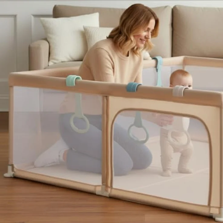 sun baby Laufstall mit grün Griffen 150x200 cm 0-2 Jahre Beige, Polyester, Netzwände, Eingang mit Reißverschluss, rutschfeste Füße, Tragetasche im Set, Metallrahmen – Bild 6